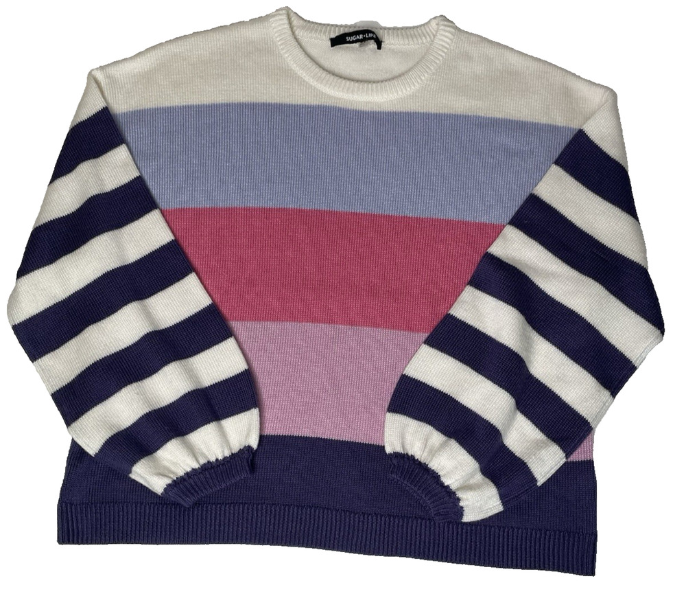 Sugar + Lips Women’s M Colorblock Striped Sweater Balloon Sleeve Coastal Preppy